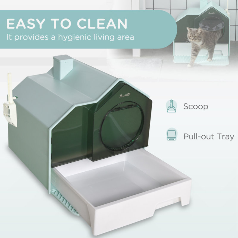 Light Blue House Shape Hooded Cat Litter Box with Drawer