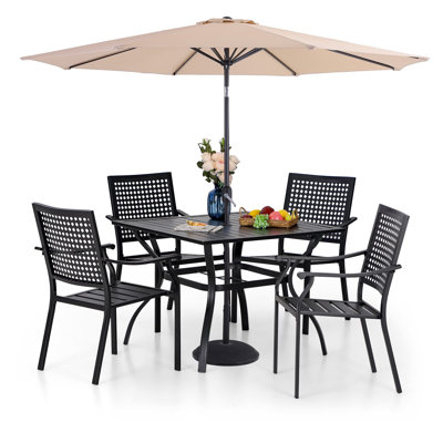 Alyah 5-piece Steel Patio Outdoor Dining Set With Umbrella, Metal Stackable Chairs, Round Table -  Lark Manorâ¢, AF4474CE8AD040A38477CC16EF26DBBC