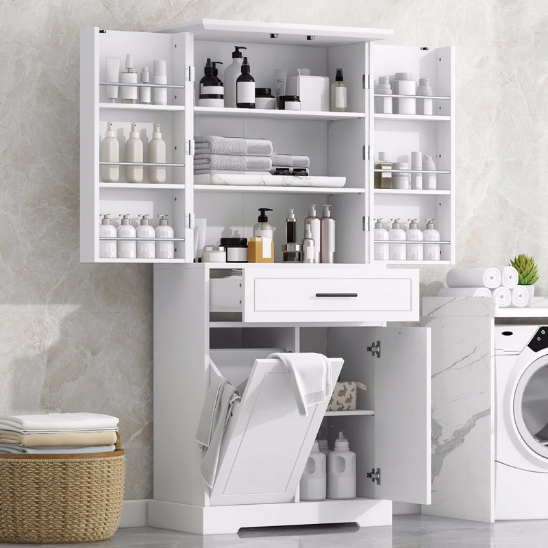 Armoire de rangement autoportante pour salle de bain, avec portes et tiroirs, panier à linge inclinable, tablettes réglables, plusieurs espaces de rangement