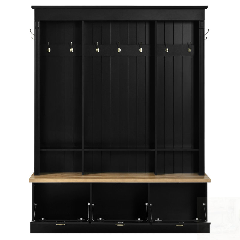 Elegant APP Controlled LED Light Hall Tree With 9 Hooks, Roman Column Design, And Large Storage Cabinets For Entryway, Black