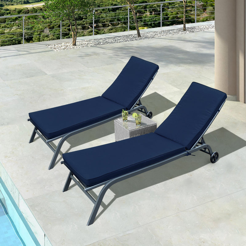 Navy Blue Patio Chaise Lounge Cushion Replacement, 2Pcs, Cloth, High Resilience Sponge, Removable Zipper Covers, With Straps For Extra Support 2Pcs Outdoor Cushion, Blue, , , Zippered Soft Sponge