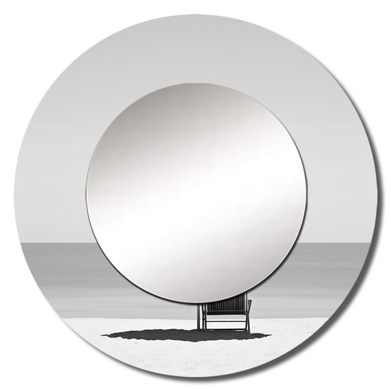 Noir et blanc minimalisme plage photo II - miroir décoratif de plage, miroir mural rond gris, impression d'art en métal