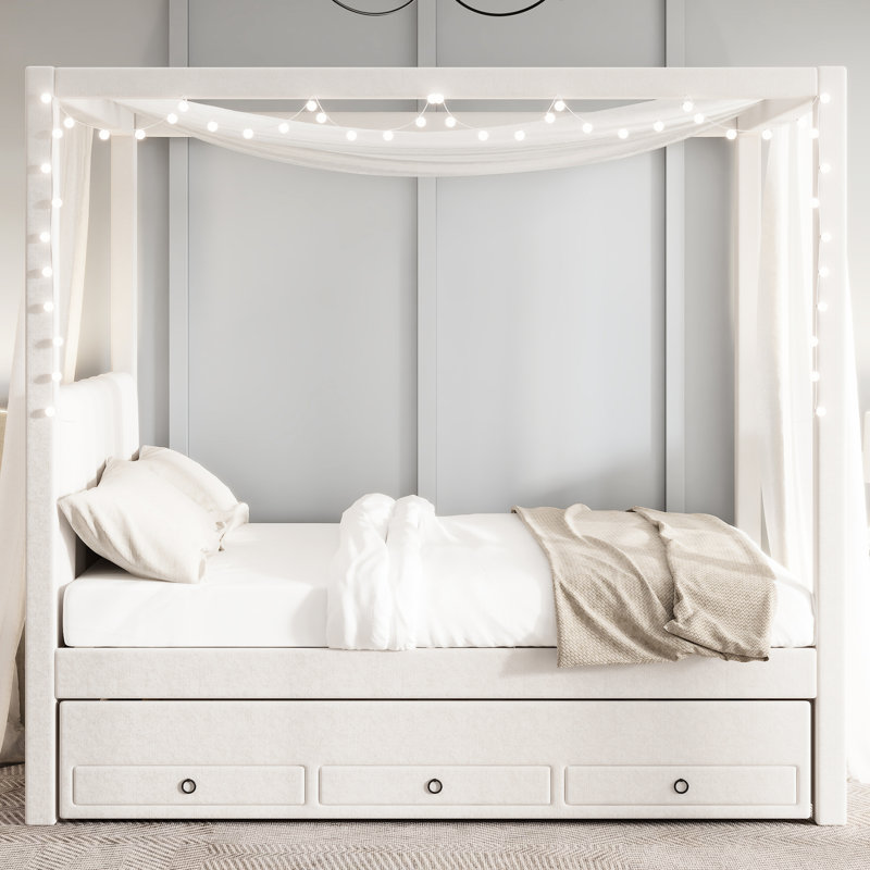 Lit à baldaquin double avec lit gigogne et rangement pour la chambre à coucher, plateforme beige - Économie d'espace