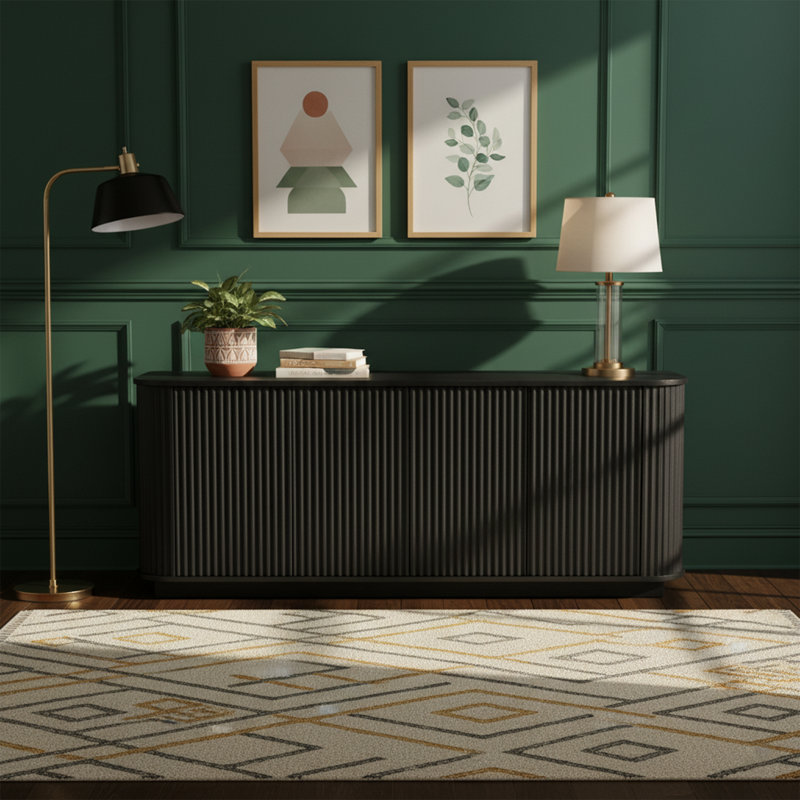 64 inch Wide Modern Sideboard and TV Stand for TVs up to 70 inch, Low Profile Buffet Cabinet with Wave Pattern Doors, Black