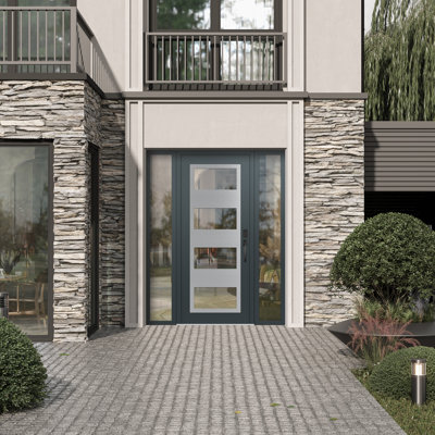 Porte d'entrée avant prémontée à 2 panneaux latéraux en acier argenté anthracite / anthracite