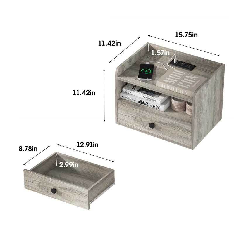 Cyriel 15.75'' W Nightstand, Grey