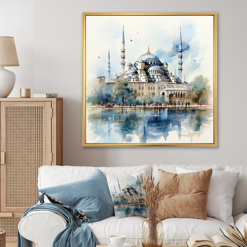 Mosquée bleue turque, «Serenity I», art mural, Cadre flottant doré, H 36 po x l 36 po