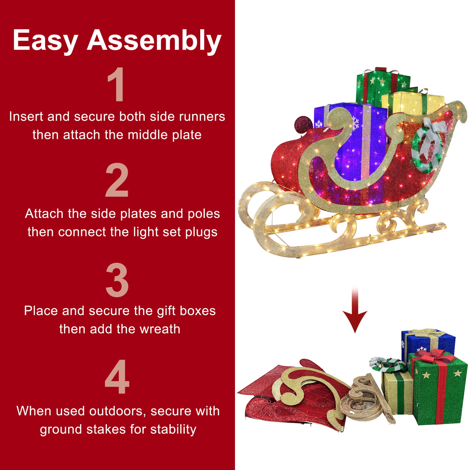 5' Outdoor Christmas Sleigh with Gift Boxes and 400 Multi-Color LED Lights