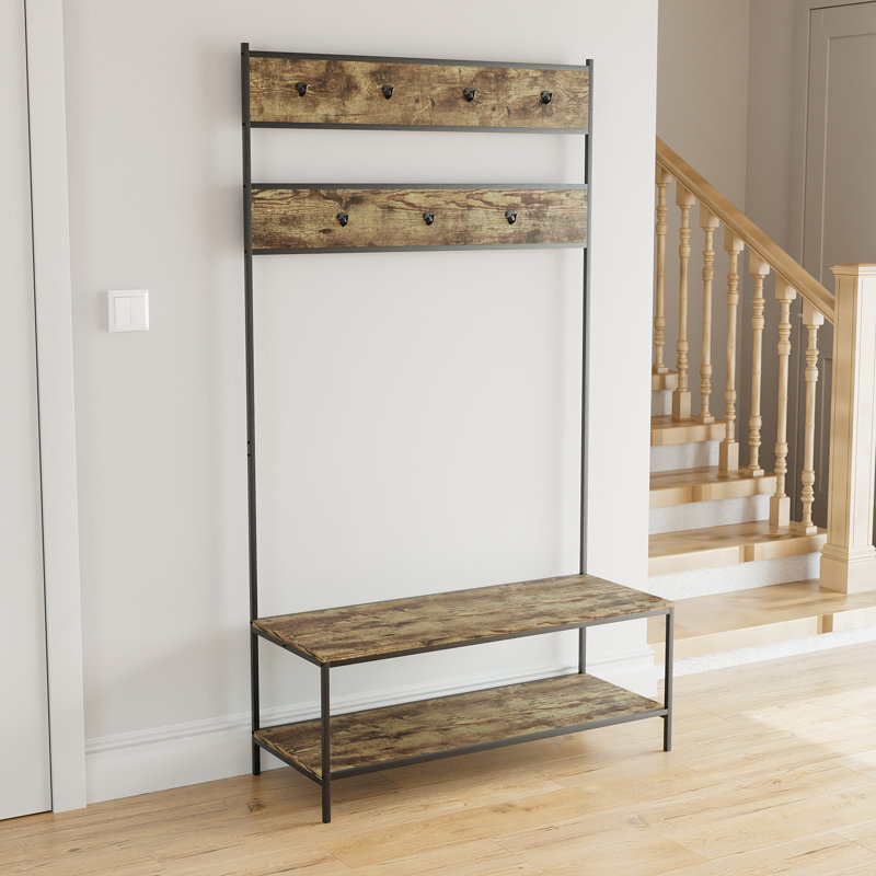 Sylvie Iron Industrial Hall Tree with Bench and Shoe Storage, Dark Wood