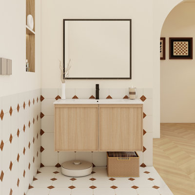 Meuble-lavabo flottant avec lavabo, armoire moderne murale, lavabo à bord mince en céramique, portes à fermeture en douceur, rangement spacieux, installation facile