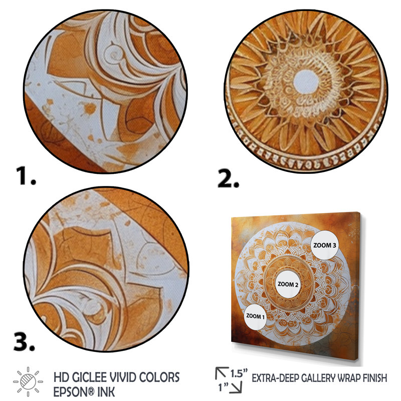 Mandala blanc et or IV sur toile, H 16 po x l 16 po x P 1 po, Toile tendue