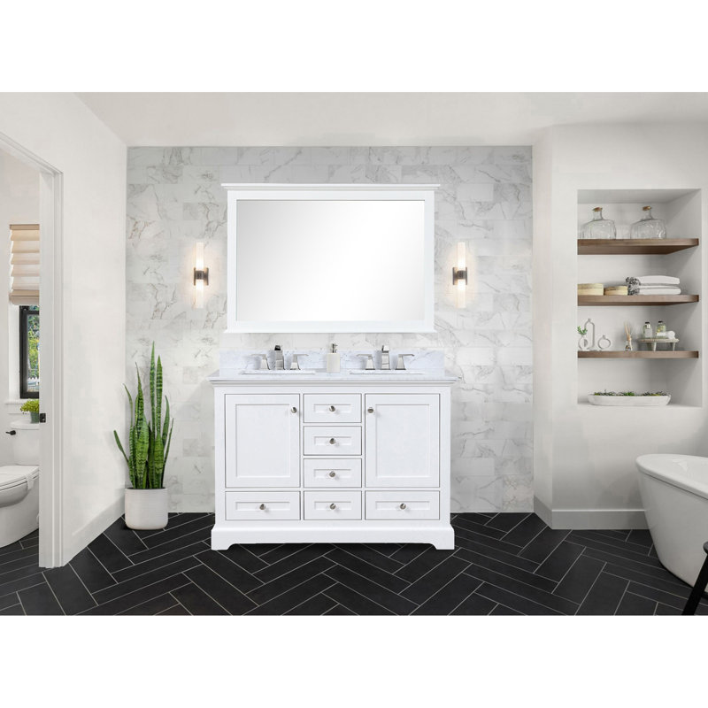 48 po L x P 22 po, meuble-lavabo double blanc avec tiroirs et armoires à fermeture en douceur pour une utilisation silencieuse, deux espaces de rangement intérieurs, six tiroirs, une tablette ouverte, entièrement en bois massif E0 contreplaqué