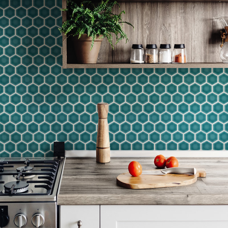 Tribeca 1" Hex Glossy 10-1/4 " x 11-7/8 " Porcelain Mosaic Floor and Wall Tile, Jade