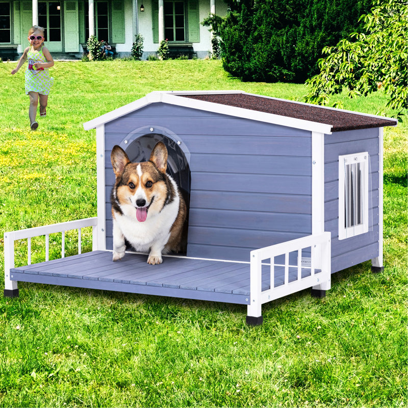 Grande niche pour chien avec toit imperméable et plancher surélevé, convient aux chiens de petite taille en bois massif, avec terrasse et ventilation