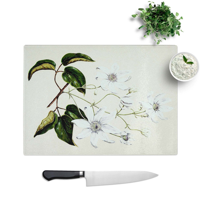 Tempered Glass White Clematis Flowers by Sarah Featon Chopping Board, 28.5 cm W x 20 cm L