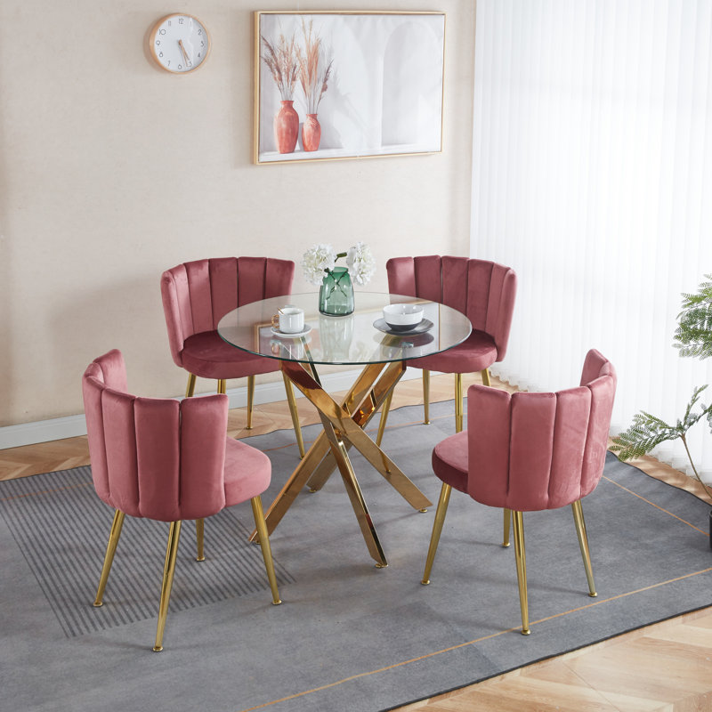 Ensemble de salle à manger 1 + 4,5 pièces, table de salle à manger avec pieds en métal Mid-Century pour 4-6 personnes avec plateau en verre, table de salle à manger à piédestal, table basse de loisirs