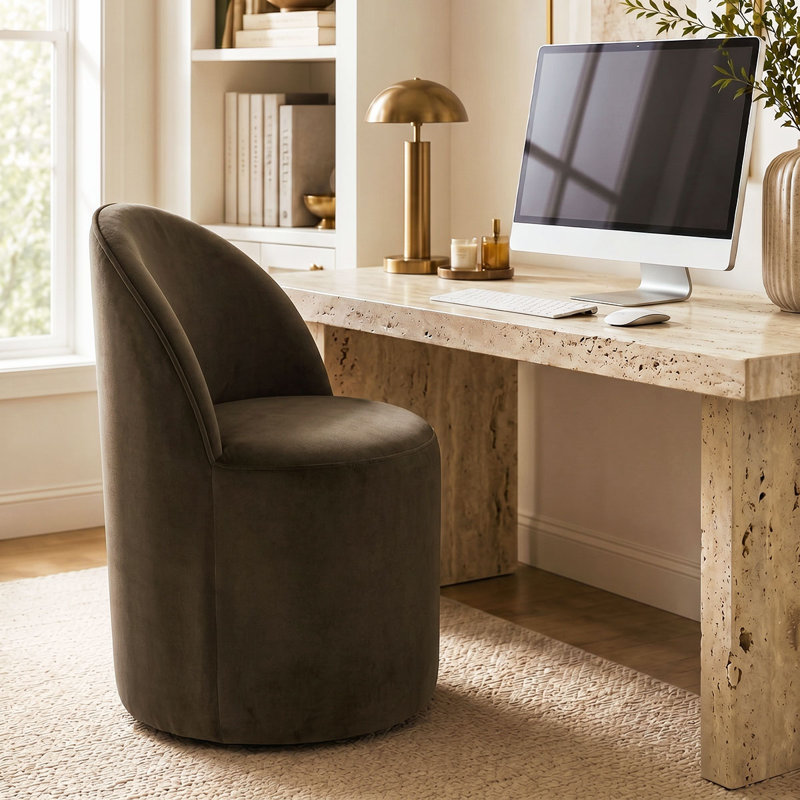 Petite chaise de bureau rembourrée en velours entièrement assemblée avec roulettes cachées, Brun