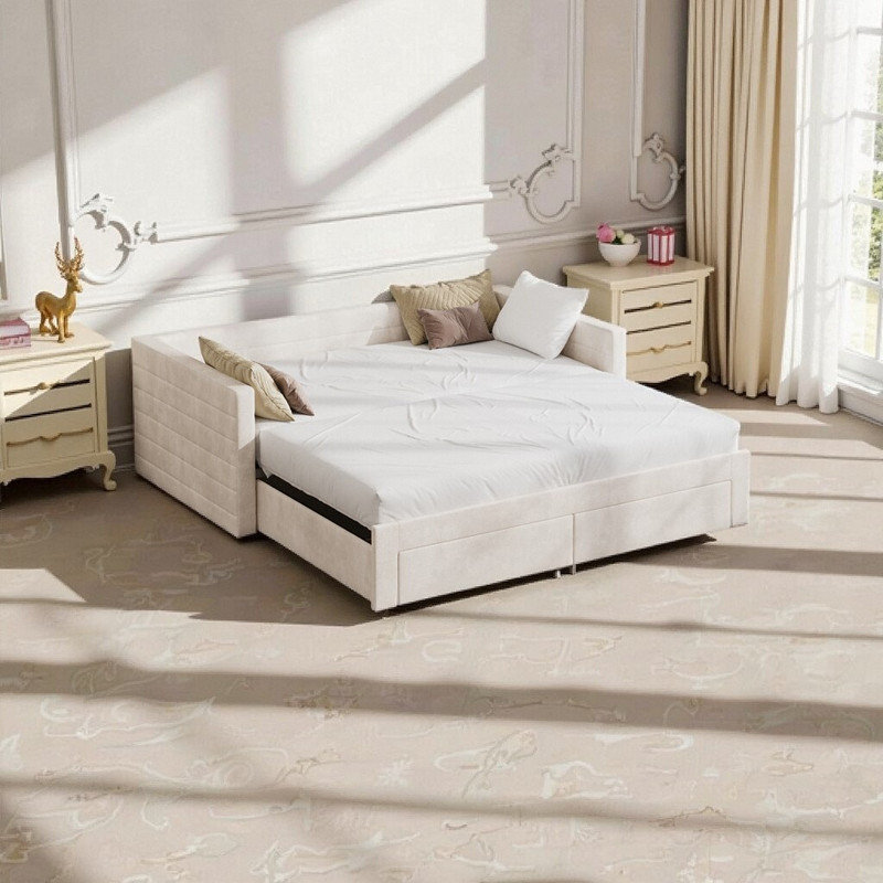 Lit de jour simple à très grand avec gigogne et canapé-lit en chenille avec tiroirs de rangement, Beige