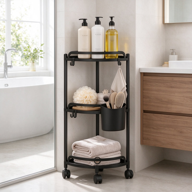 Rangement en coin pour tablettes de salle de bain sur pieds