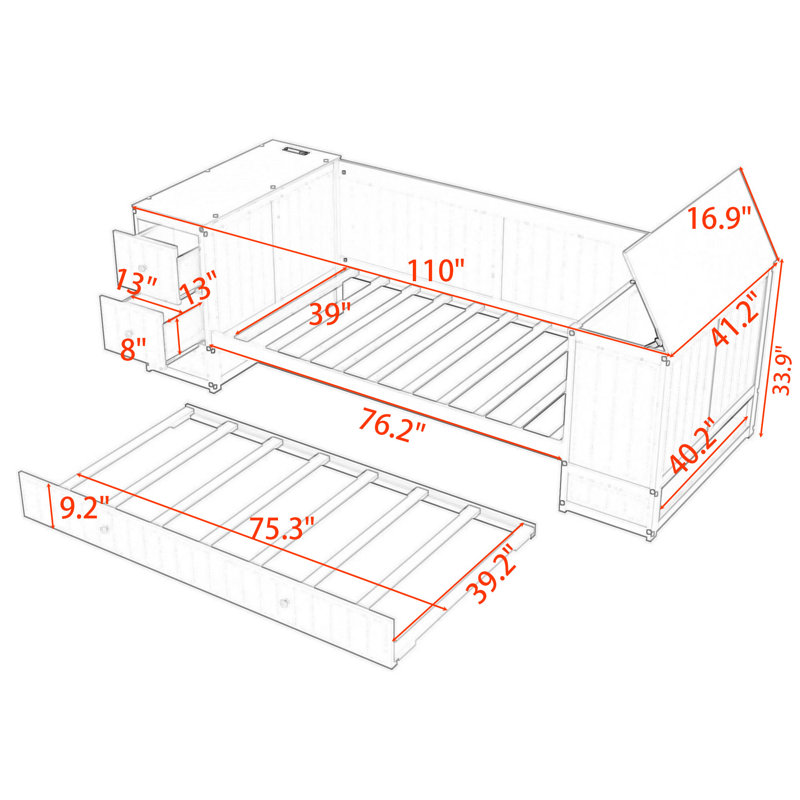 Djana Twin 2 Drawers Wooden Daybed with Trundle and Cabinets and Charging Station, Gray