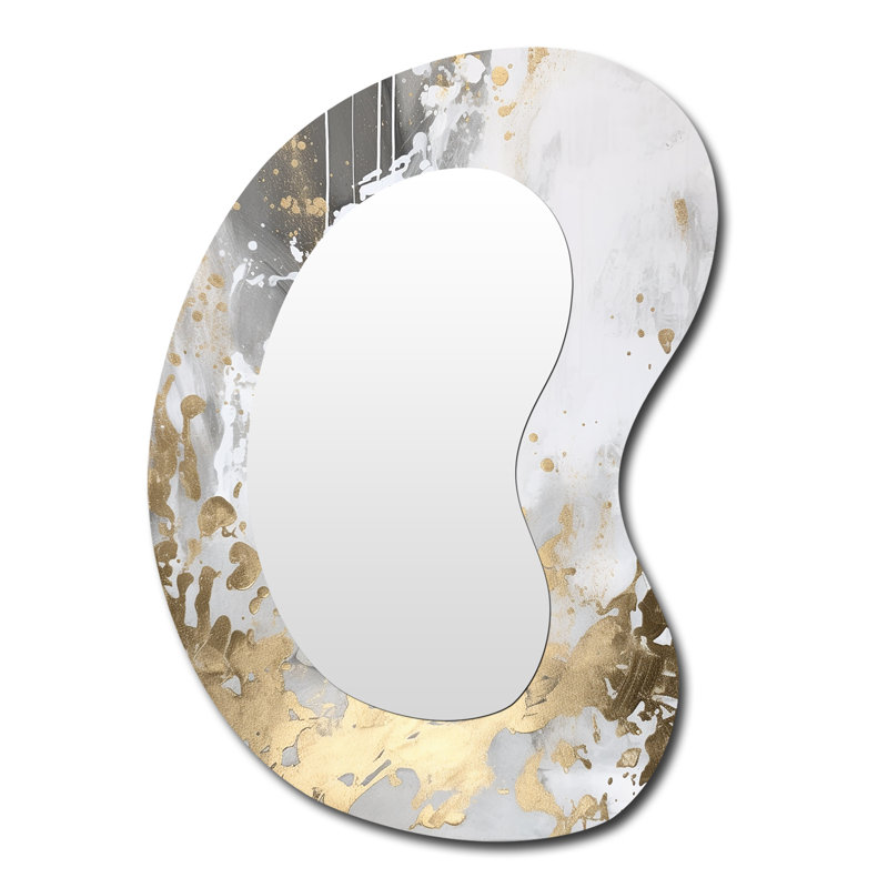 Gold And White Colliding Abstract I - Abstract Metal Art Decor - Asymmetrical Modern Wall Mirror, 39" x 28"