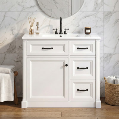 36" Freestanding Bathroom Storage With Sink, cabinet With 4 Drawers , Soft-close Door, Ceramic Sink and Adjustable Shelf