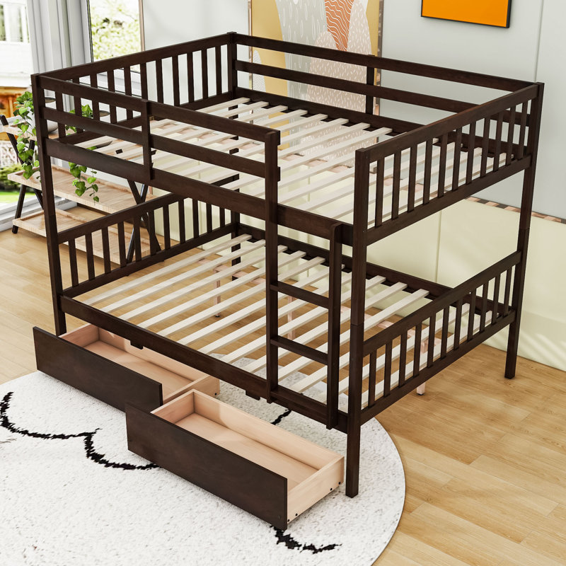Two Drawers Rubber Wood Bunk Bed, Full, Espresso