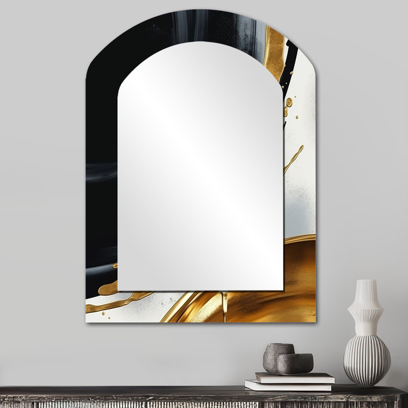 Formes abstraites noires or Marble I - miroir asymétrique en marbre, miroir mural noir à forme unique, art en métal imprimé