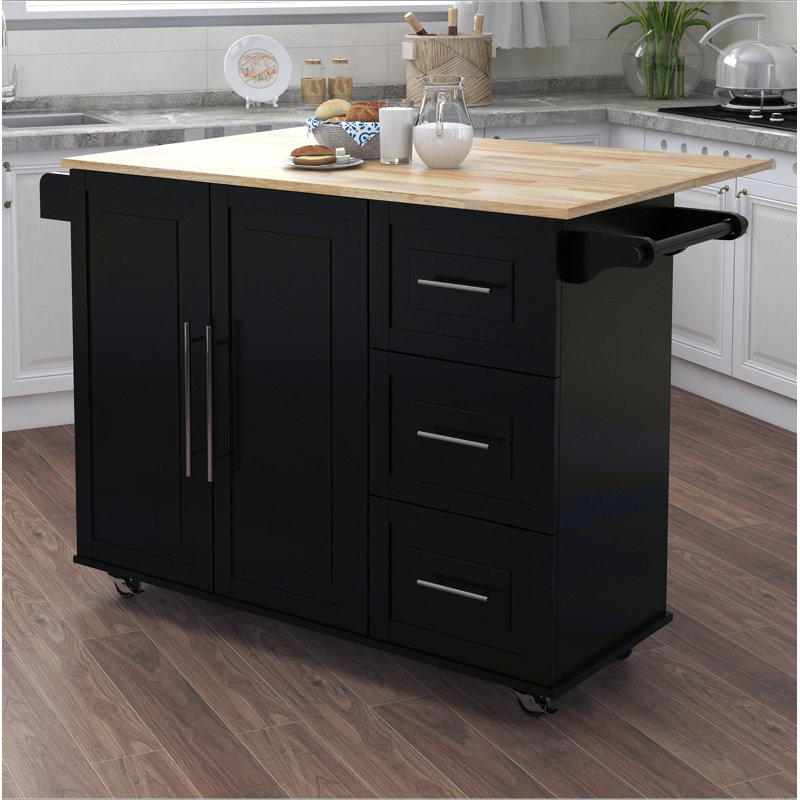 Îlot de cuisine avec support à épices, porte-serviettes et plateau de table en bois massif extensible, Black