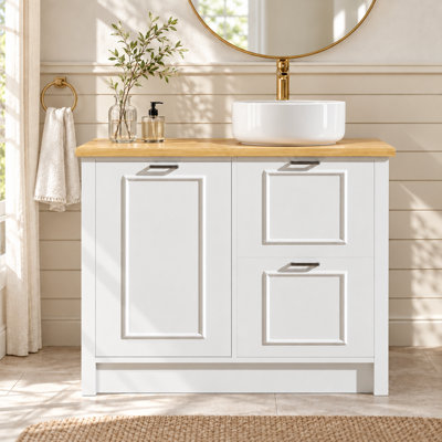 31" White Farmhouse Freestanding Bathroom Vanity with Vessel Sink, 2 Drawers & Tilt-Out Laundry Hamper