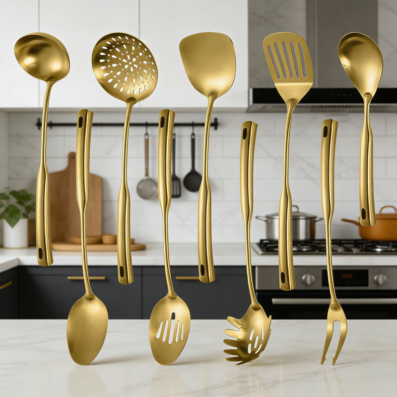 Ensemble 9 pièces d'ustensiles de cuisine en acier inoxydable 304 - Écumoire, louches, spatules, fourchettes et cuillères