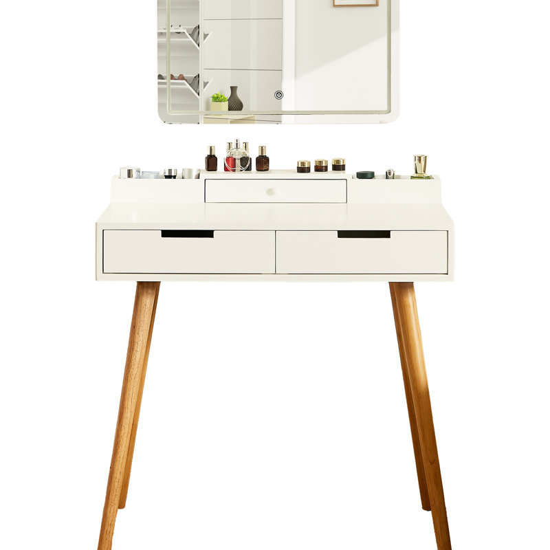 Coiffeuse de 31,5 po avec lumières à DEL à intensité variable de 3 couleurs, miroir amovible de 23,6 po x 13,7 po et rangement à 2 tiroirs pour les petits espaces