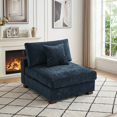 Upholstered Blue Chenille Armless Chair with Pillow Back, Single Chair Module Part For Sectional Sofa