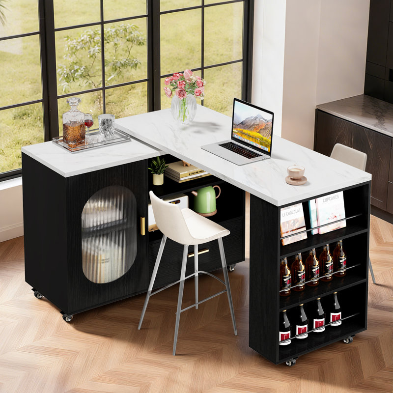 Kitchen Island With Extended Table, Storage Cabinet, Drawers, White Faux Marble Top And Black Oak Base