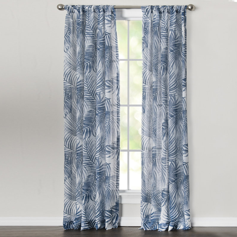 Alecsis 100% Polyester Semi-Sheer Fern Patterned Curtain Panel with Rod Pocket Top, Navy, 50" W x 95" L