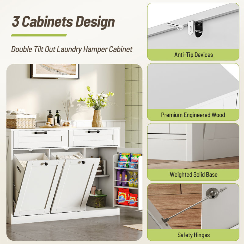 Double Tilt Out Laundry Hamper Cabinet, 43.3" Laundry Storage Cabinet with 2 Removable Baskets, Farmhouse Wooden Hidden Trash Bin Cabinet with Open Shelving