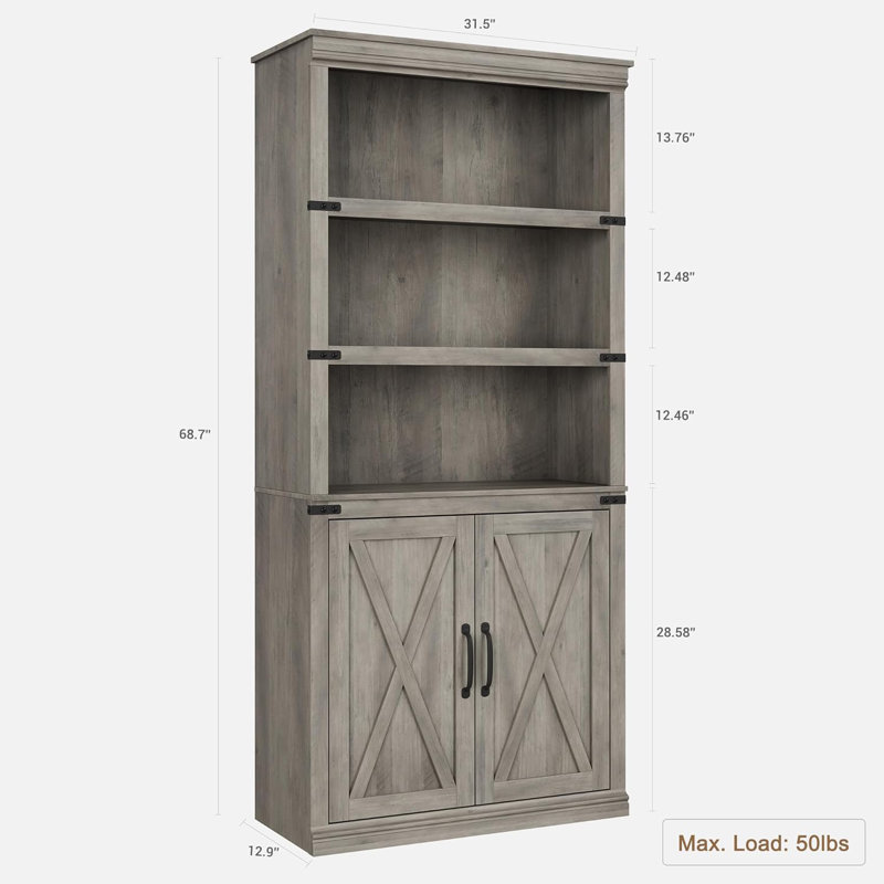 Farmhouse Bookcases with Doors 5 Tier Bookshelf with Storage 70 inch Tall Bookshelf and Bookcase Wooden Storage Cabinet for Living Room Home Office Bedroom (Rustic Gray)