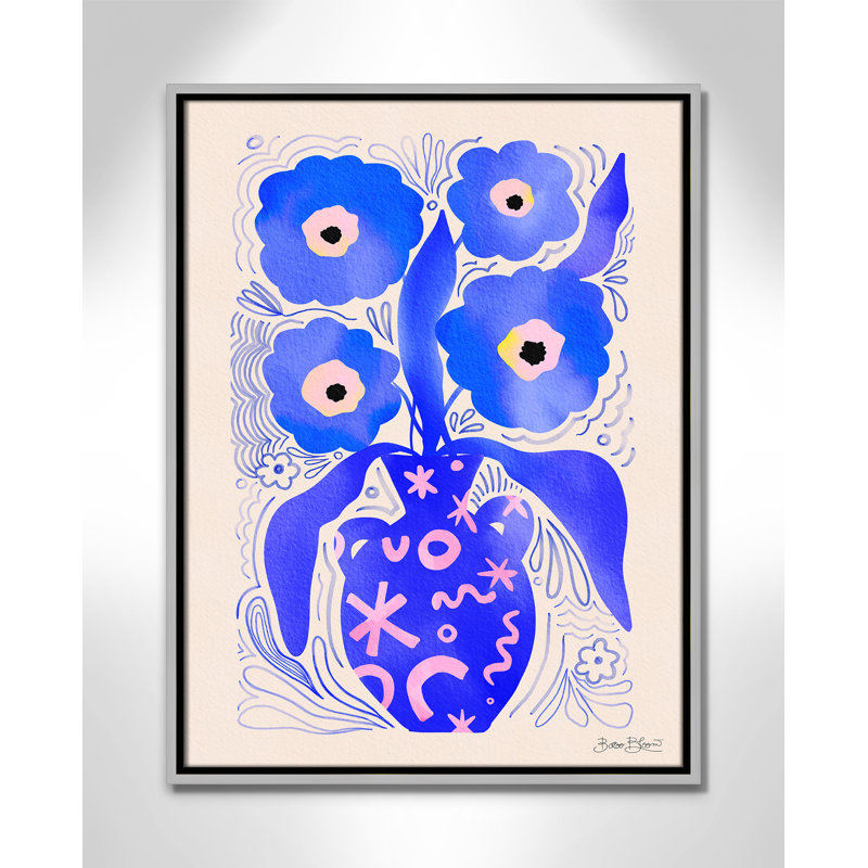«Blue Flowers Matisse» par Bloom, Toile avec cadre, Flottant argent, L 19,5 po x H 25,5 po