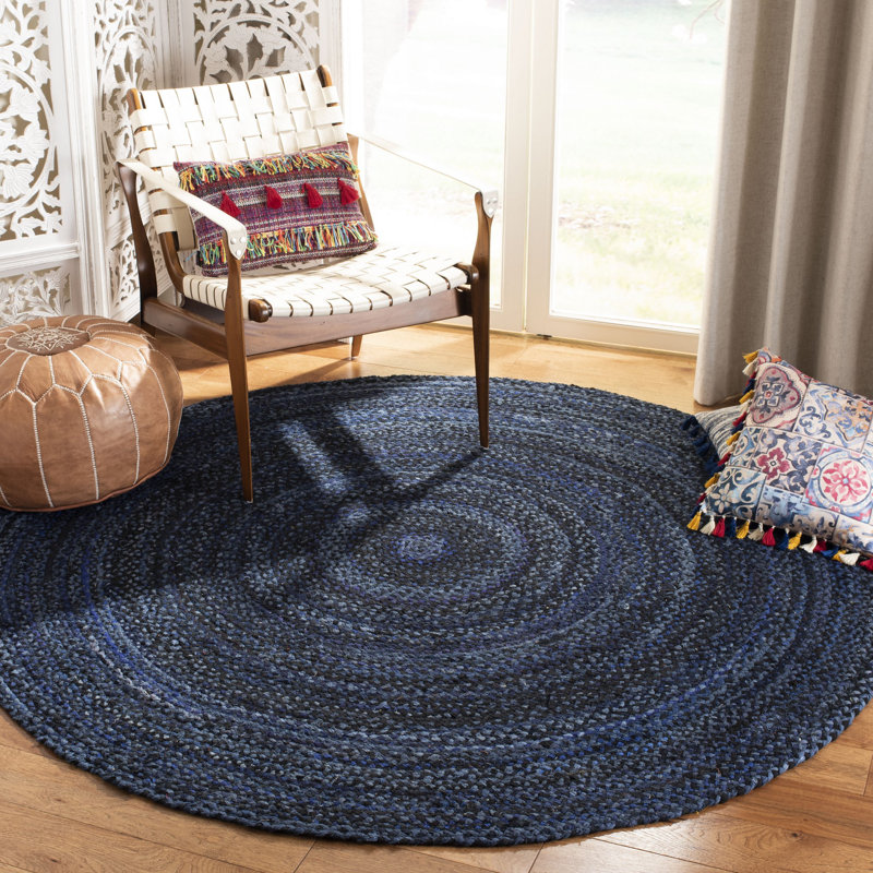 Tapis bleu marine / noir en coton tissé à plat à la main Proffitt, Rond 6 pi