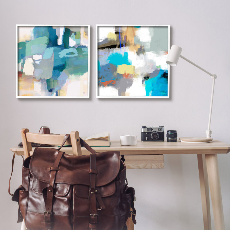 «Modern Blocked Brush Strokes Abstract Collage» par Lisa Ridgers, ensemble de 2 peintures sur cadre flottant