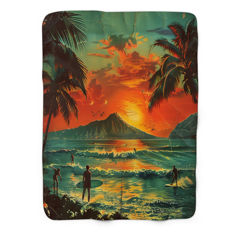 Retro Sunset Views - 1 pièce Sherpa Premium, Grand lit
