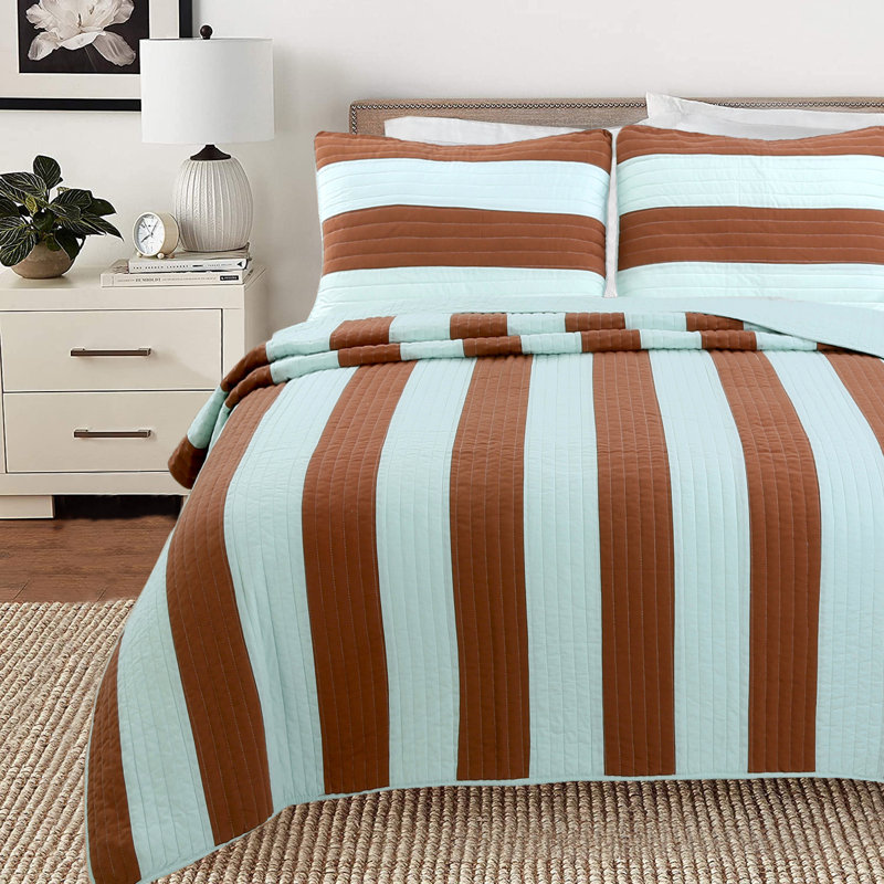 Brinley Cotton Striped Quilt, Queen Quilt + 2 Shams, Mint/Brown