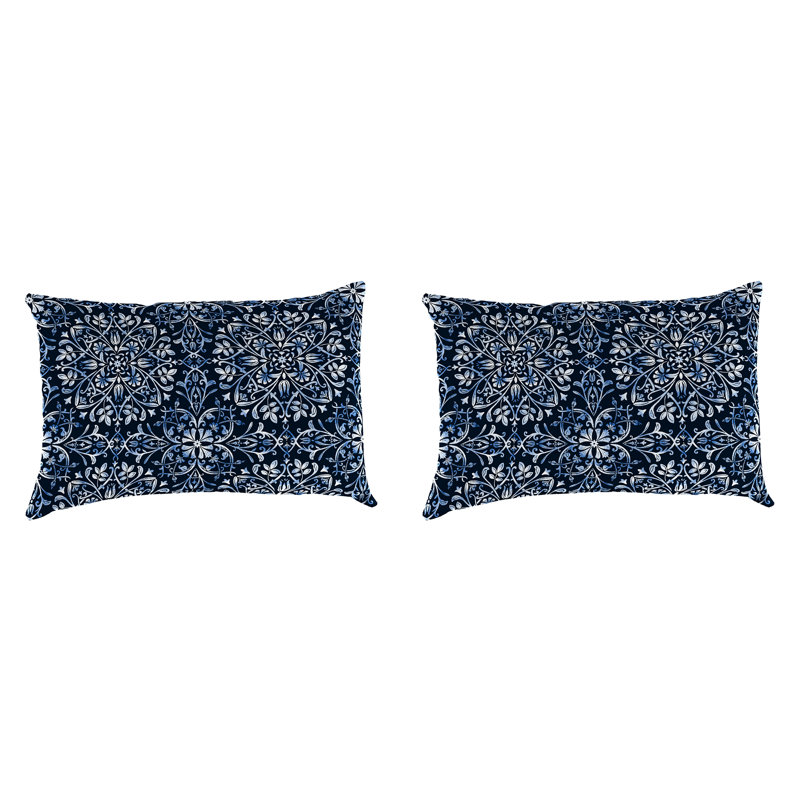 18" x 12" Outdoor Lumbar Throw Pillow (Set of 2), Navy/White/Damask