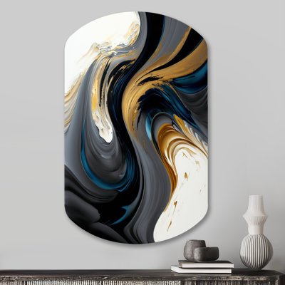 Art liquide noir, blanc et or liquide IV - Art abstrait en forme de cylindre encre liquide