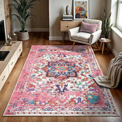 Collection traditionnelle GLN Rugs - tapis lavable à la machine, tapis traditionnel lavable, tapis lavable antidérapant, tapis de salon en chenille à poils courts, tapis de chambre à coucher, tapis de cuisine (tapis rose)