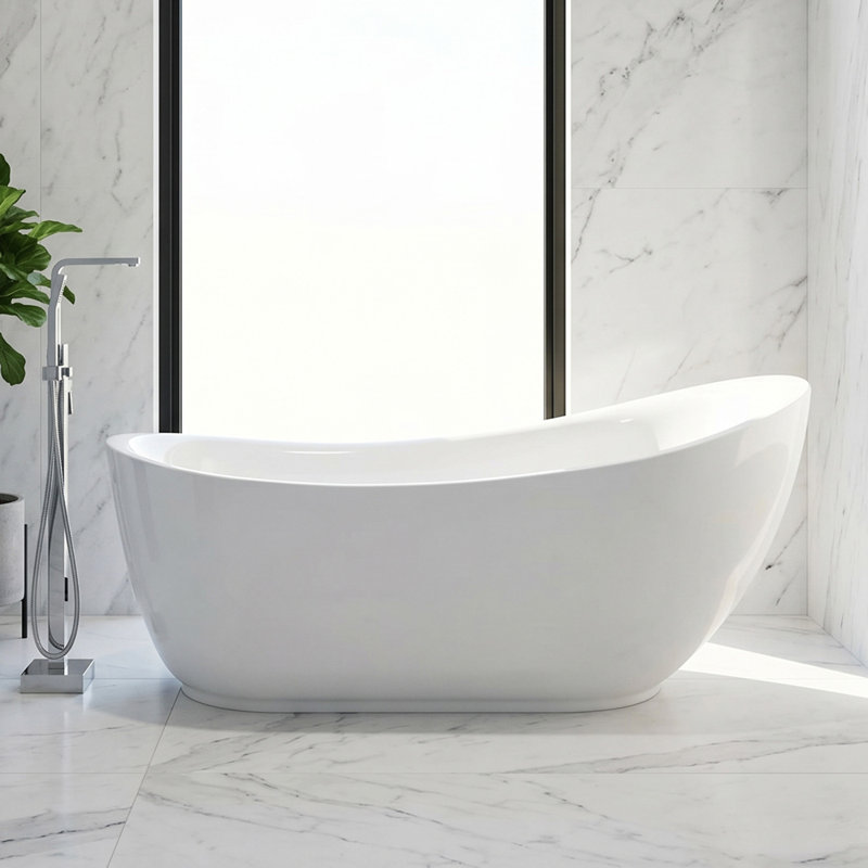 Talyah Series 71 in. x 35 in. Flat Bottom Acrylic Freestanding Soaking Bathtub with Center Drain in Glossy White