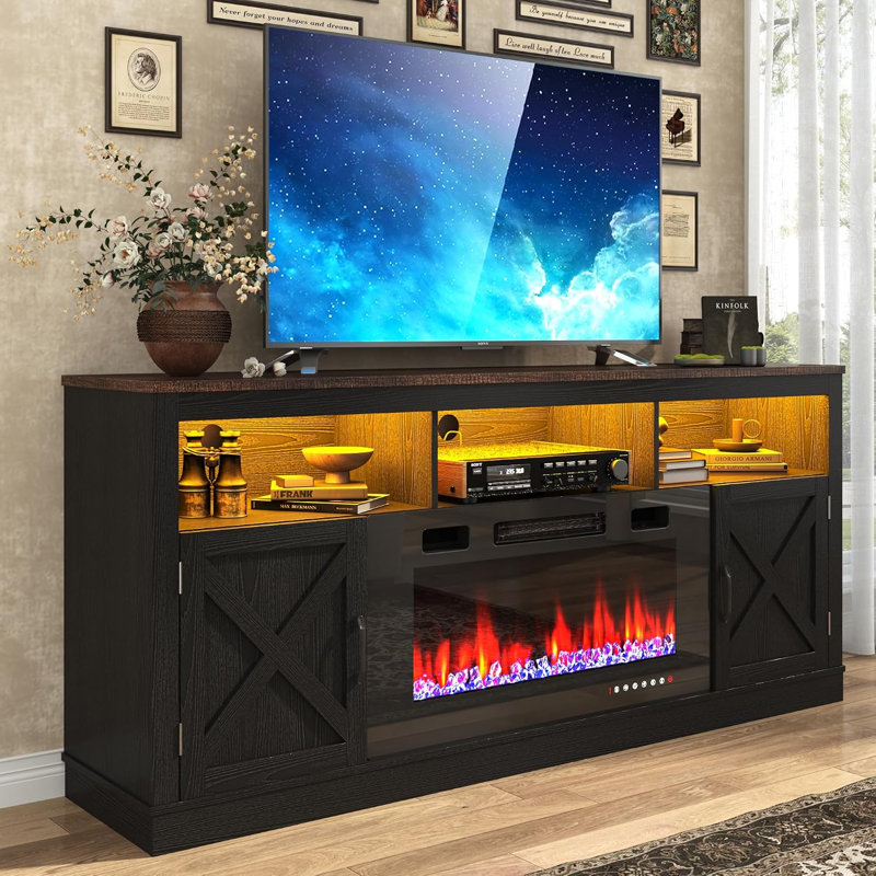 Crédence de rangement avec foyer Zev, 31.5" H x 68.9" W x 15.7" D, Noir