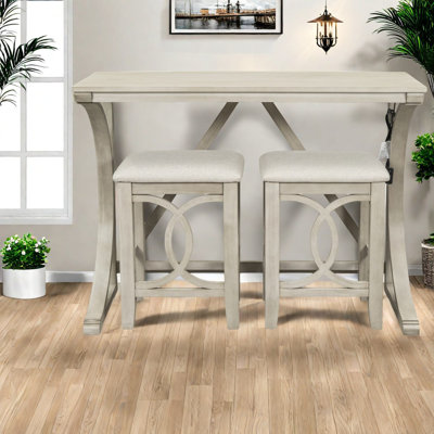 Farmhouse Dining Table Sets With Usb, Solid Wood White Finish