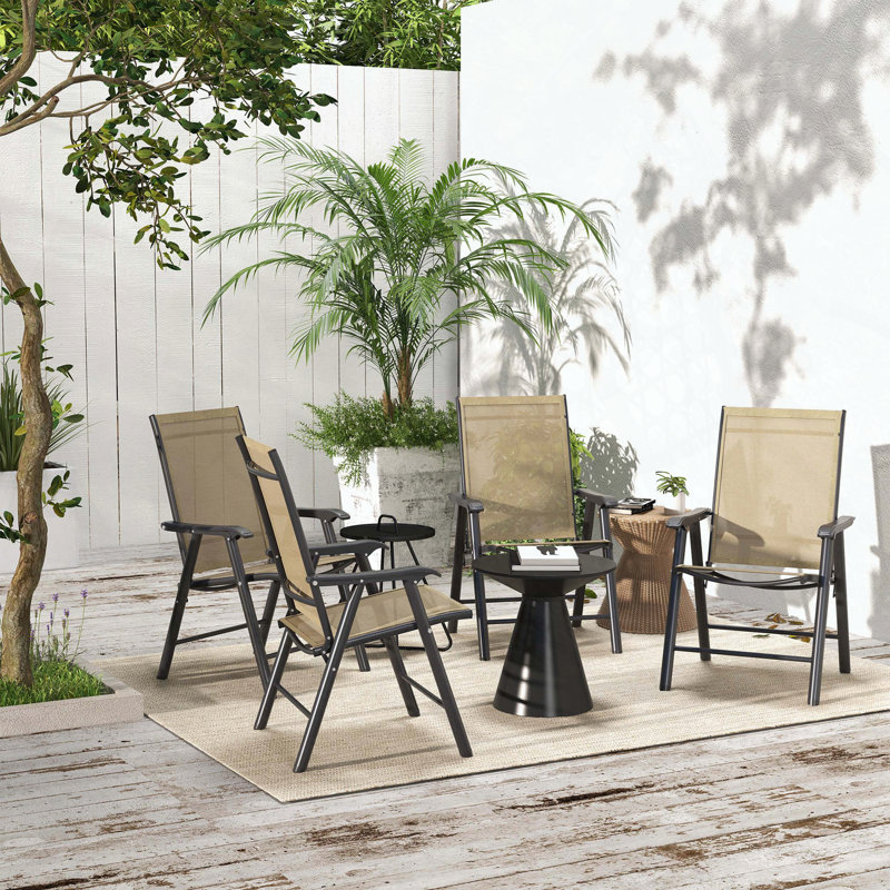 Set of 4 Stackable Folding Patio Sling Chairs with Armrests, No Assembly, Brown