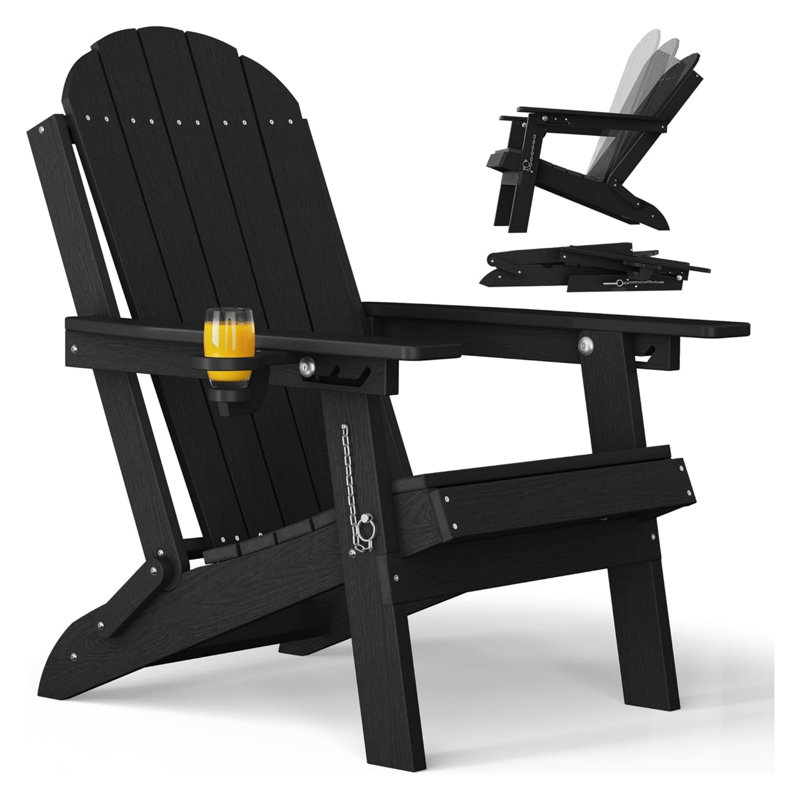  Chaise Adirondack pliante en plastique résistante aux intempéries avec porte-gobelet et dossier réglable pour adultes, Noir